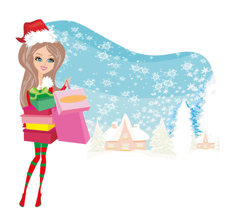 winter girl with gift boxのイラスト素材