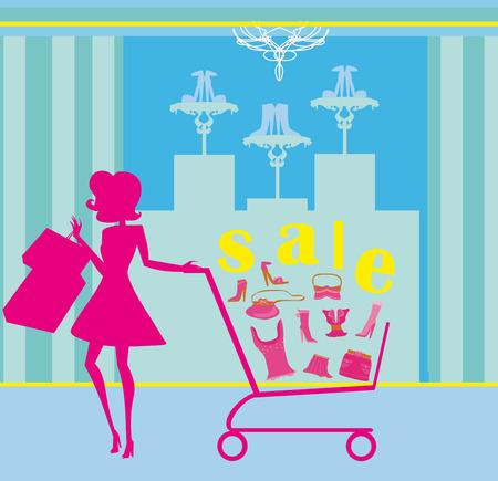 Woman pushing shopping cartのイラスト素材