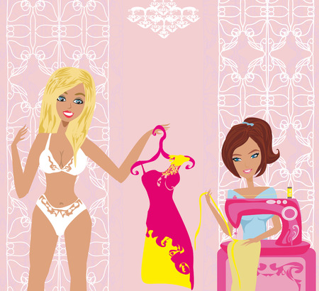 girl with sewing machine and elegant clientのイラスト素材