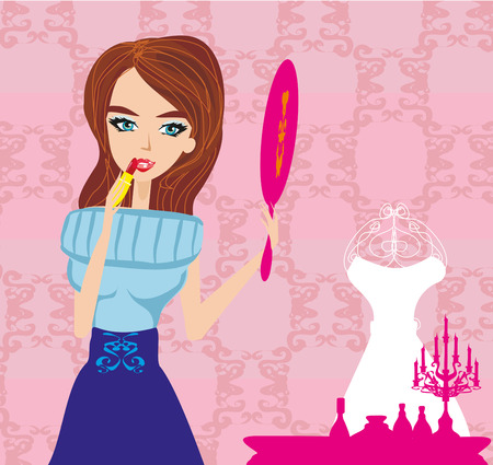 Beautiful woman putting lipstick onのイラスト素材