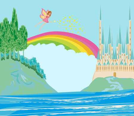 fairy flying above castleのイラスト素材