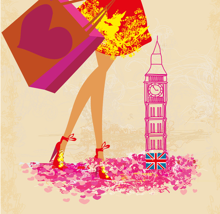 women Shopping in London  - cardのイラスト素材