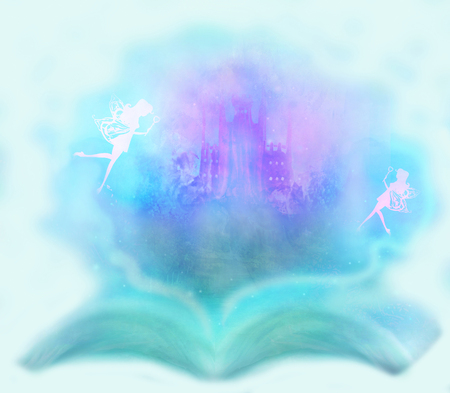 Magic world of tales, fairy castle appearing from the bookの写真素材