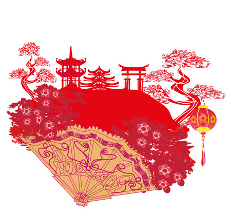 Chinese landscape and beautiful fanのイラスト素材