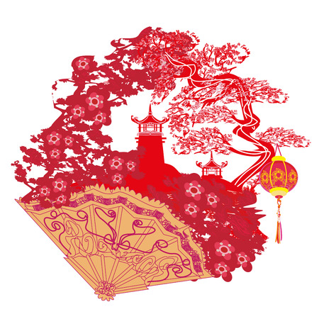 Chinese landscape and beautiful fanのイラスト素材