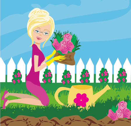 Woman plant flowers in the gardenのイラスト素材