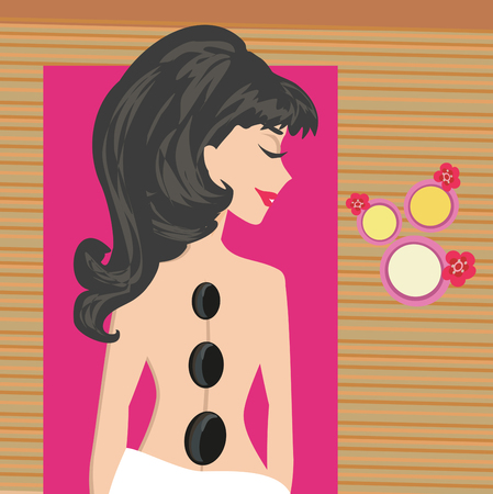 Woman getting hot stone massage in spa salonのイラスト素材