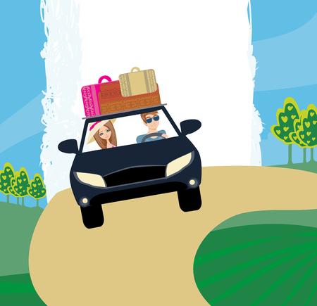Happy travel couple in carのイラスト素材