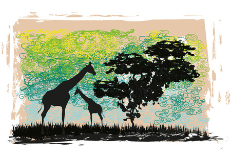 Grunge pattern with African fauna and floraのイラスト素材