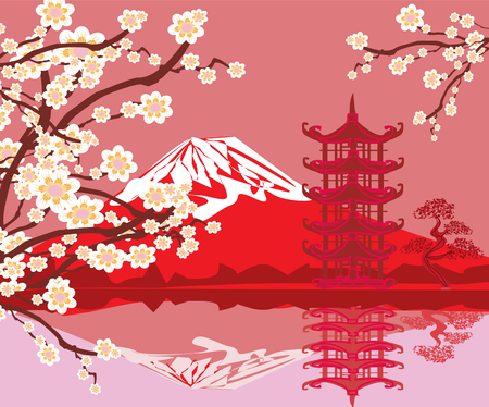 Card with Asian buildings and Mount Fuji.のイラスト素材