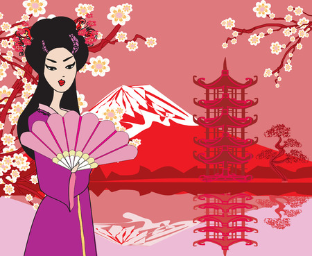 Card with Asian buildings and Mount Fuji.のイラスト素材