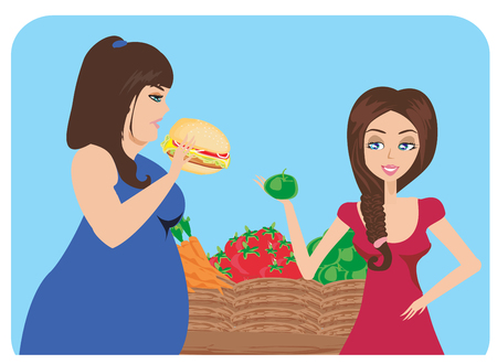 Illustration of thick and thin girls in Supermarket with foodのイラスト素材