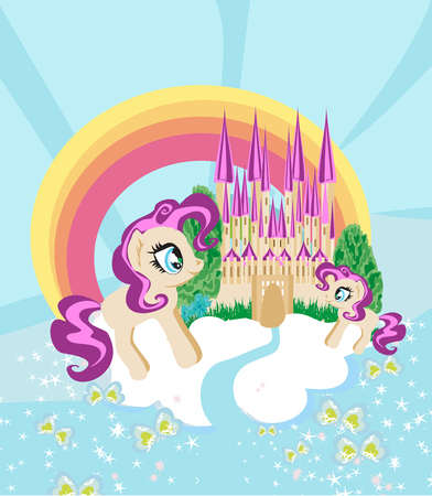 Cute unicorns and fairy-tale princess castleのイラスト素材