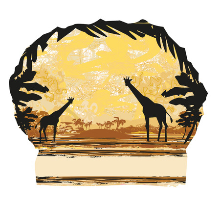 Grunge background with giraffe silhouette on abstract African fauna and floraのイラスト素材
