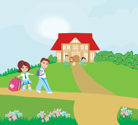 Happy kids go to schoolのイラスト素材