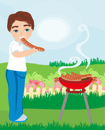 Boy eat sausage fried on the grillのイラスト素材