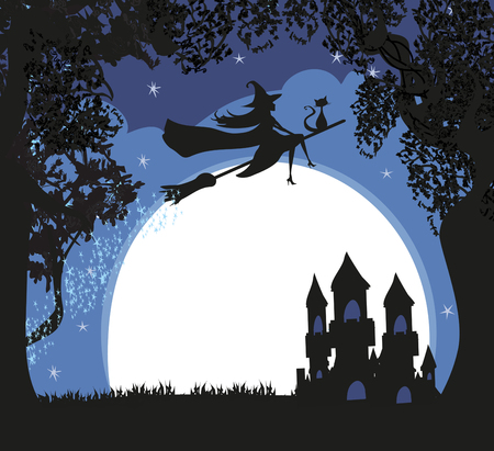 Witch flying on a broom in moonlight.のイラスト素材