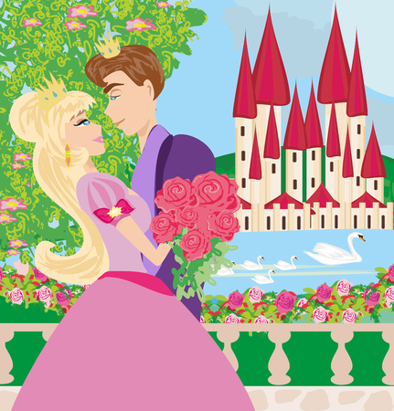 princess with prince kissing in the gardenのイラスト素材