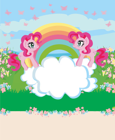 Card with a cute unicorns, rainbow and flowery meadowのイラスト素材