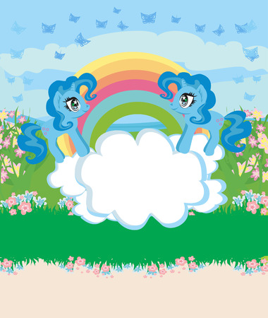 Card with a cute unicorns, rainbow and flowery meadowのイラスト素材