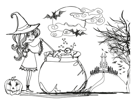 Halloween witch preparing potion - doodleのイラスト素材