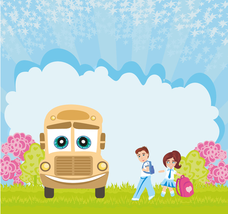 School bus and happy childrenのイラスト素材
