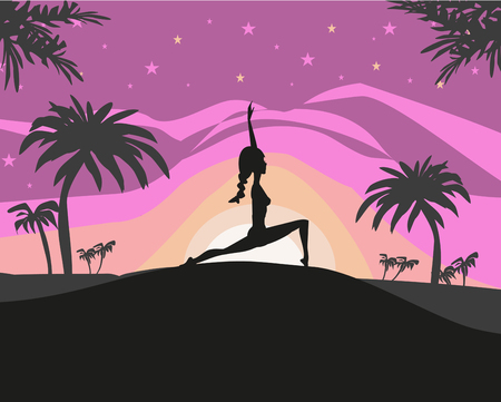 Silhouette woman practicing yoga on the beach at sunset.のイラスト素材