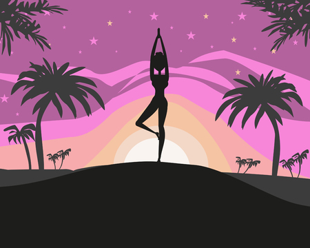 Silhouette woman practicing yoga on the beach at sunset.のイラスト素材
