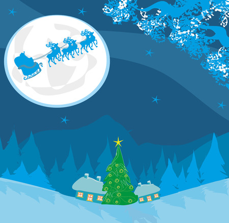 Merry Christmas card with Santa and winter landscapeのイラスト素材