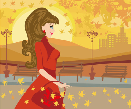 Illustration a girl going on shopping in autumn background.のイラスト素材