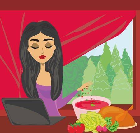 Woman looking in laptop while cooking icon.のイラスト素材