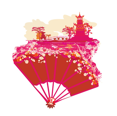 Chinese landscape and beautiful fan vector illustrationのイラスト素材