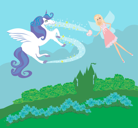 Castle, Unicorn and fairyのイラスト素材