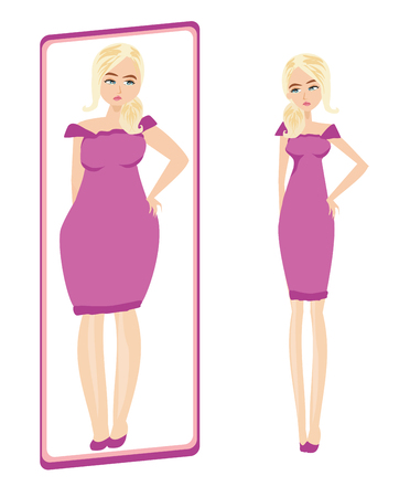 Unhappy girl is looking at herself in the mirrorのイラスト素材