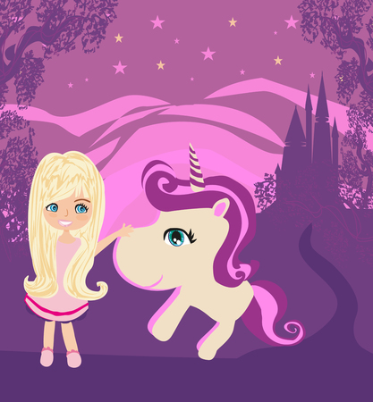 sweet little girl strokes a unicornのイラスト素材
