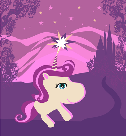 Fairytale landscape with magic castle and unicornのイラスト素材