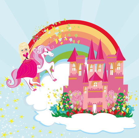 Lovely fairy on a unicorn flying on a rainbow.のイラスト素材
