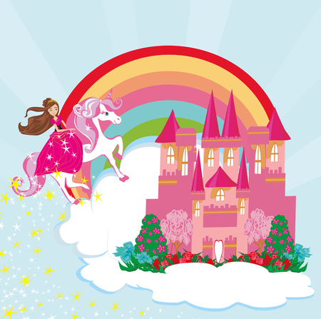 Girl on a unicorn flying on a rainbow.のイラスト素材