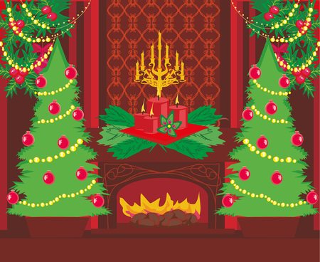 Fashionable interior of living room with Christmas treeのイラスト素材