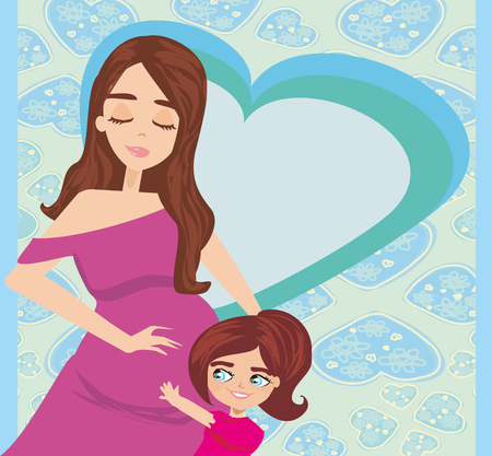 Happy kid girl hugging pregnant mother's bellyのイラスト素材