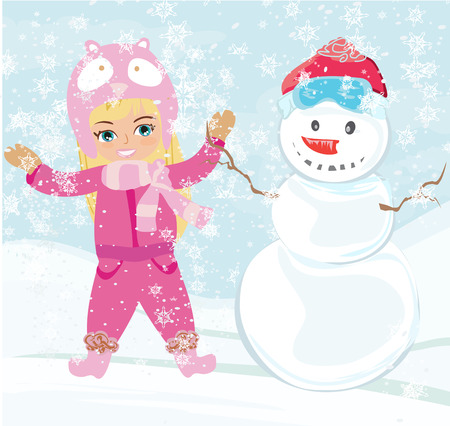 Little girl and snowmanのイラスト素材