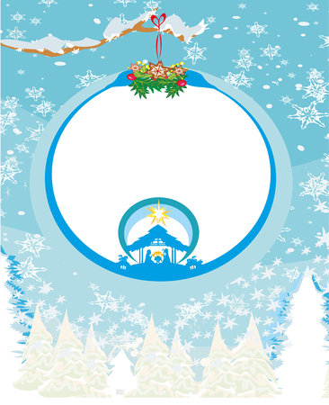 Christian Christmas nativity scene of baby Jesus in transparent ball hanging on abstract backgroundのイラスト素材