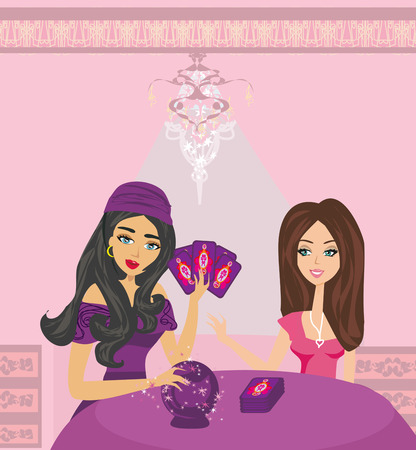 Fortune teller woman reading future on magic crystal ball and tarot cardsのイラスト素材