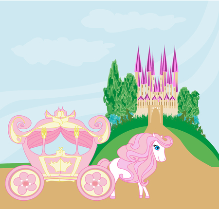 Horse carriage and a medieval castle in flat illustrationのイラスト素材