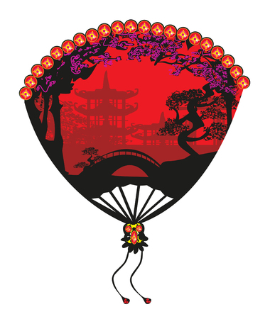 Chinese landscape and beautiful fanのイラスト素材