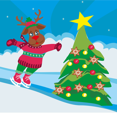 Christmas reindeer with scarf skates - cardのイラスト素材