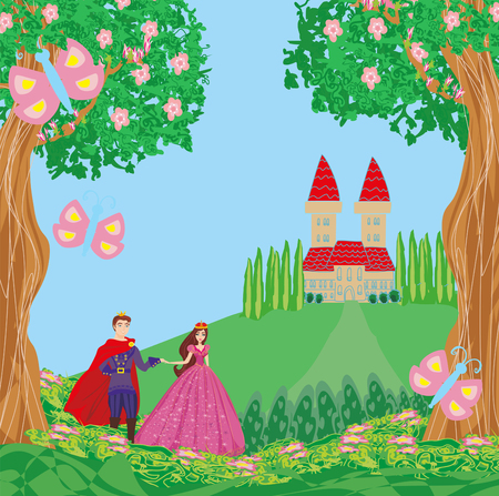 The princess and the prince in a beautiful garden のイラスト素材
