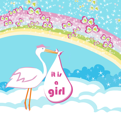 Baby girl card. A stork delivering a baby girlのイラスト素材