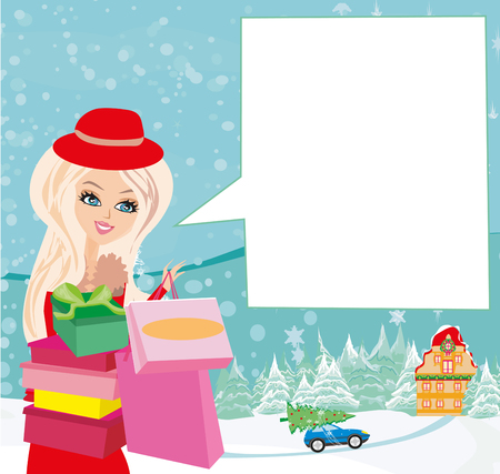 Card with a beautiful woman doing the shopping in winter.のイラスト素材