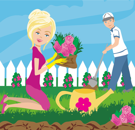 planting flowers in gardenのイラスト素材